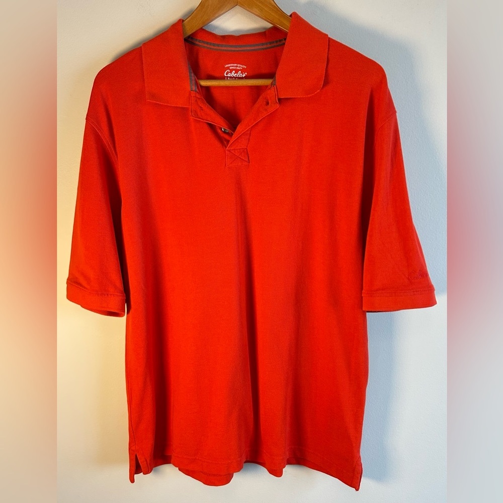 Cabelas Mens Golf Polo Shirt Size L Red Orange Short Sleeve Embroidered Logo EUC